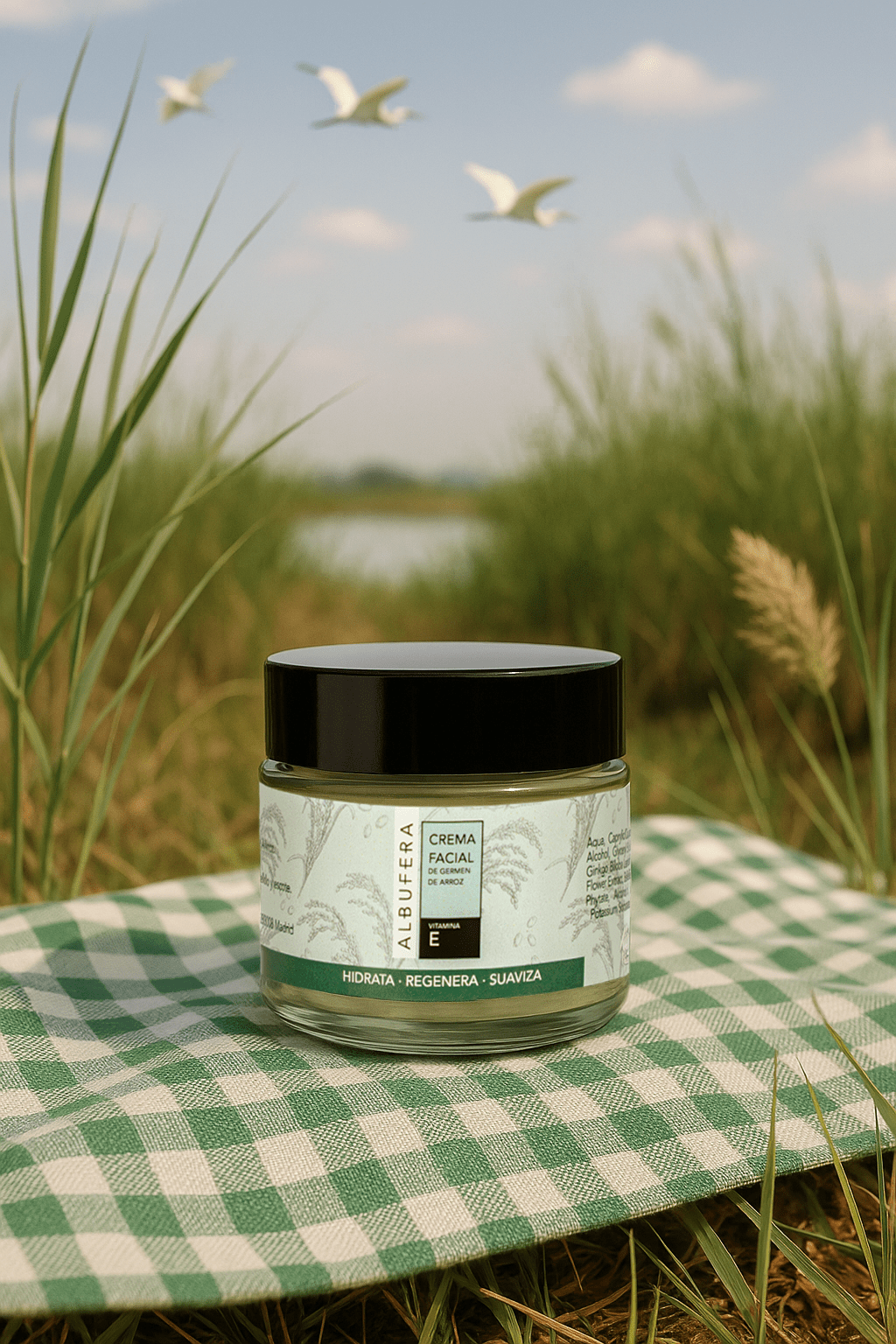Crema Facial Antiedad de Germen de Arroz Albufera en su envase sobre una tela frente a La Albufera