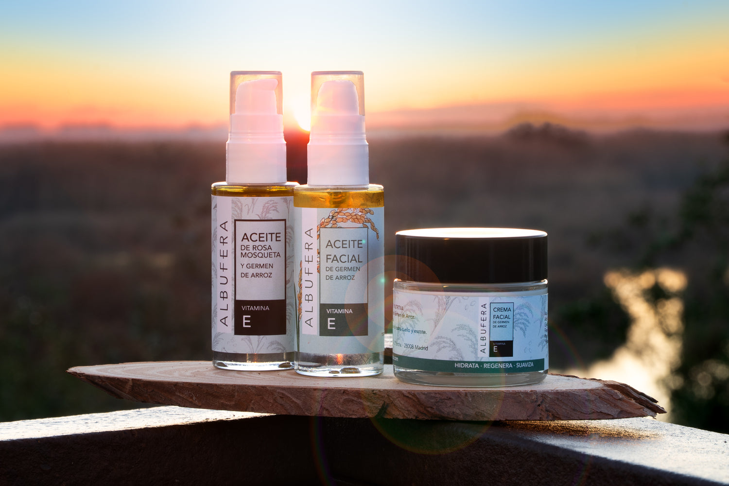 Aceite de rosa mosqueta, aceite de arroz y crema facial frente al Parque Natural de La Albufera