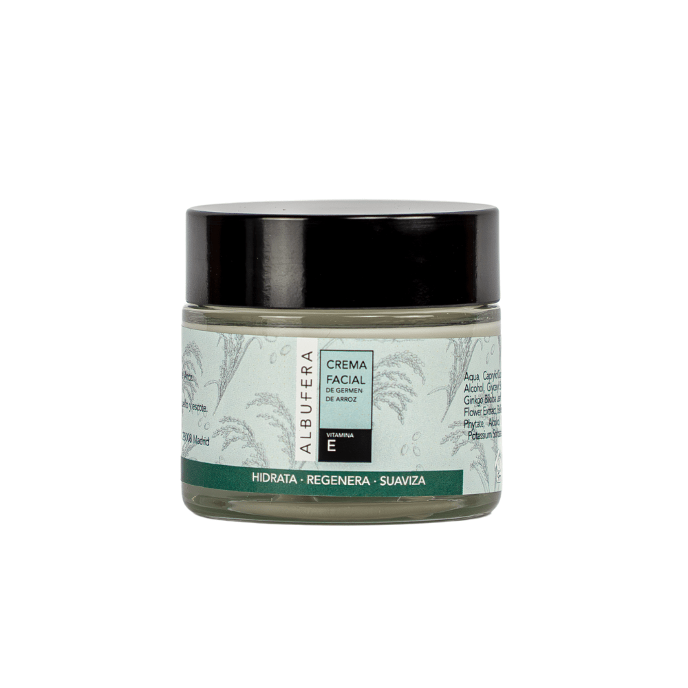 Crema Facial Antiedad de Germen de Arroz Albufera en su envase sobre un fondo blanco