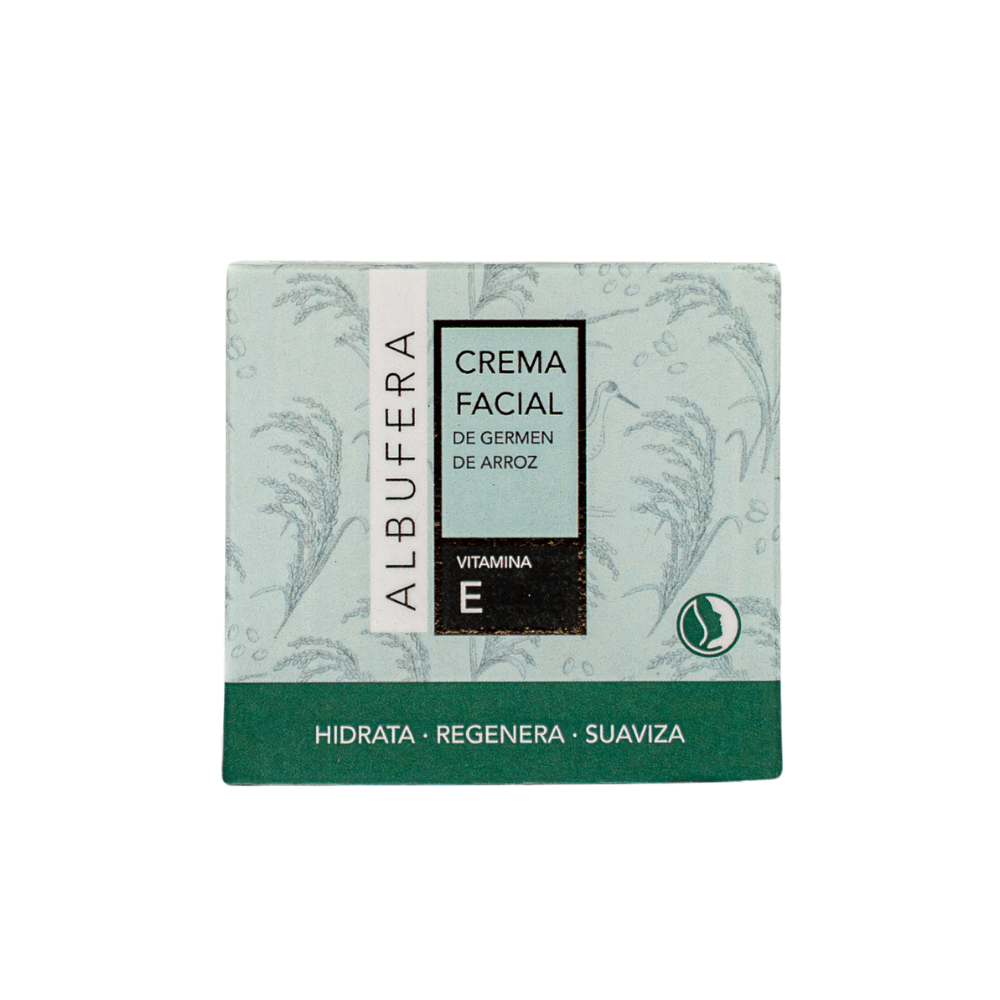 Crema Facial Antiedad de Germen de Arroz Albufera en su caja sobre un fondo blanco