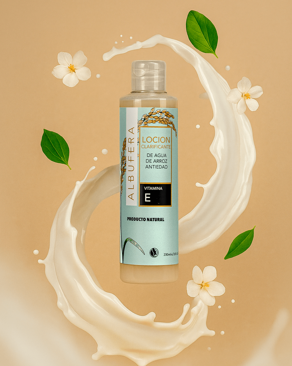 Tonico facial clarificante antiedad de arroz Albufera en su envase sobre un fondo amarillo con flores y hojas alrededor